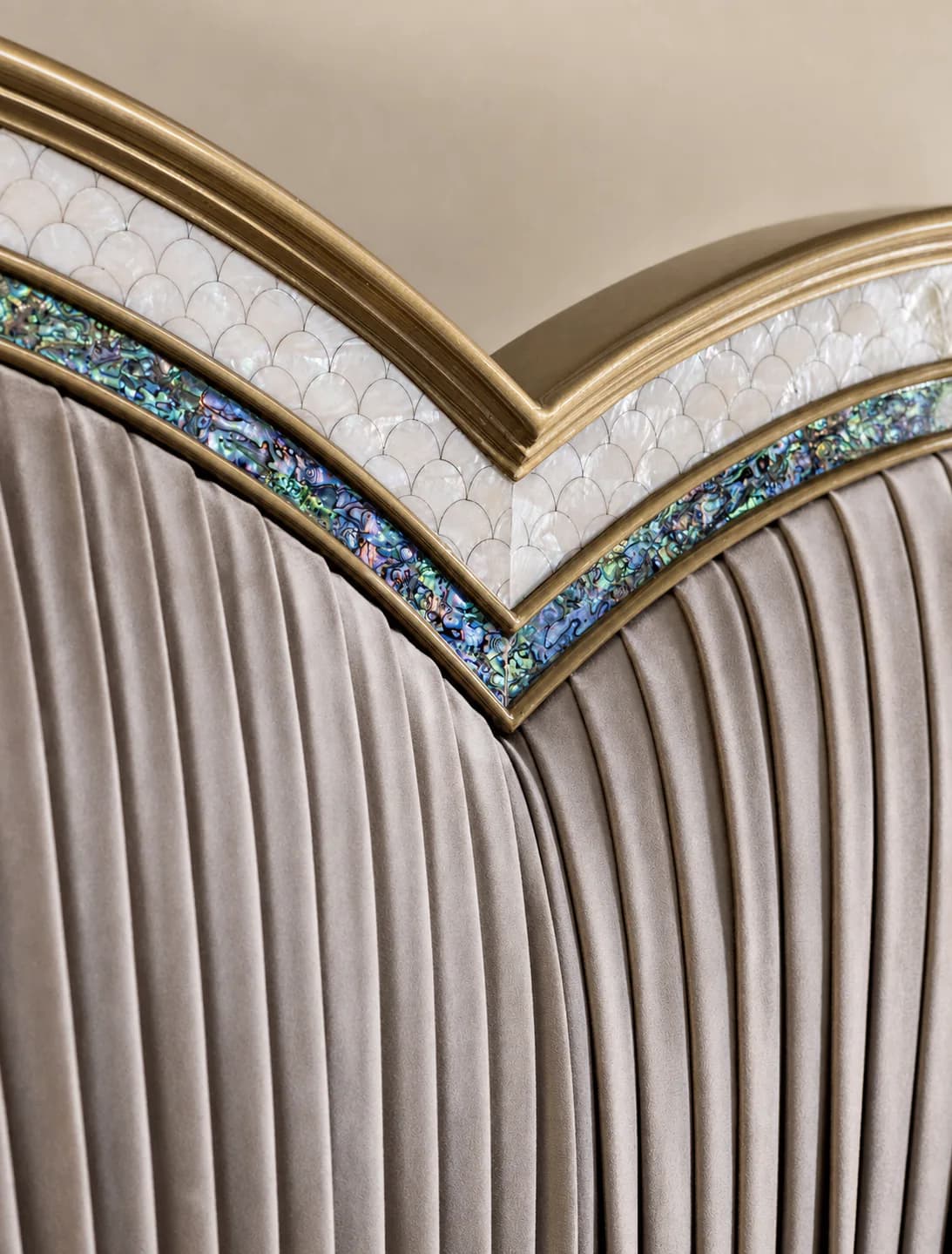 Shell-inlay headboard macro detail