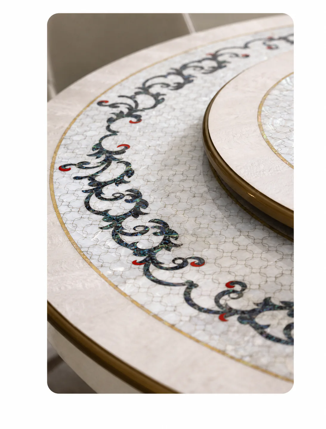 Shell dining table top pattern and material detail